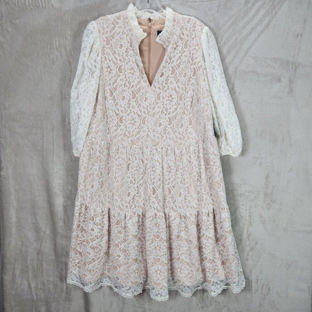 Jessica Howard Dress Plus Size 16W Beige Lace Tiered Balloon-Sleeve A-Line Party